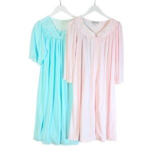 Lot of 2 Vintage 80s Nylon Tricot Nightgowns Peignoir Set M Blue & Pink
